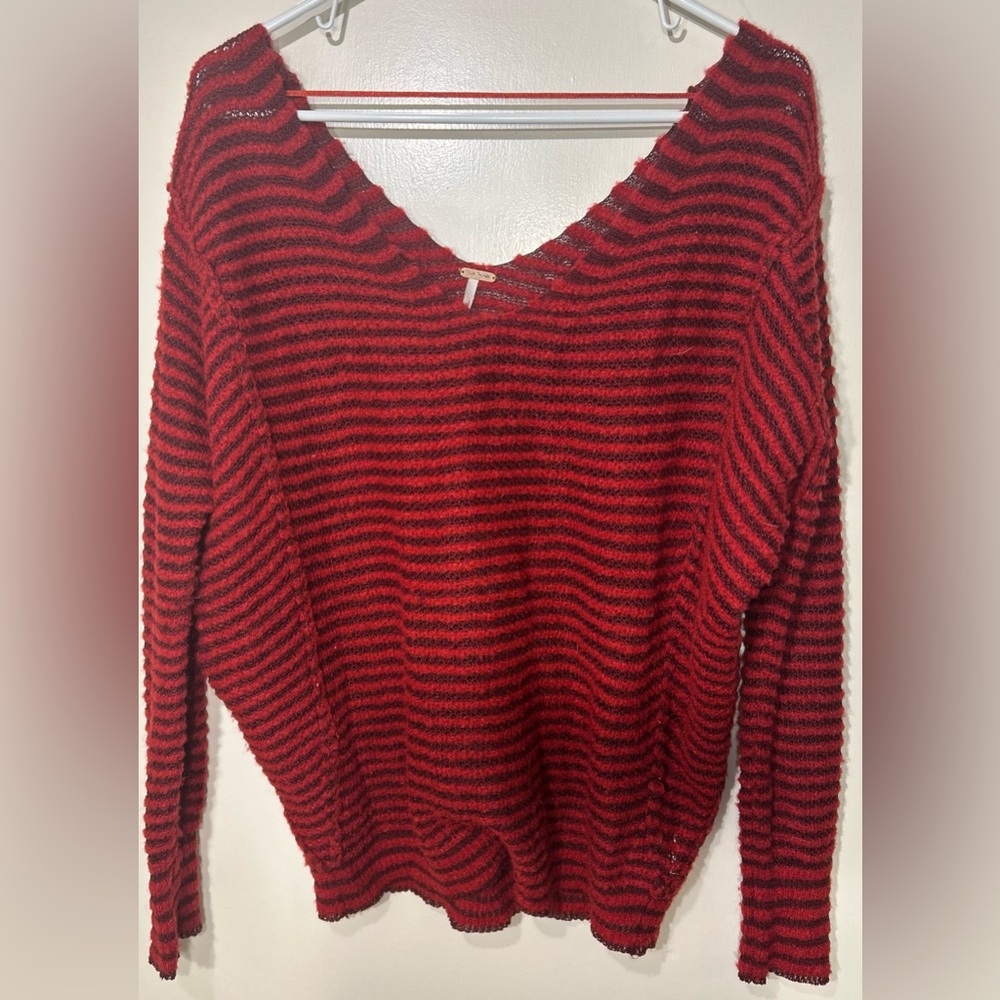 Free People Bumblebee Red Striped V-Neck Linen/Wool/Acrylic Sweater - Size SP